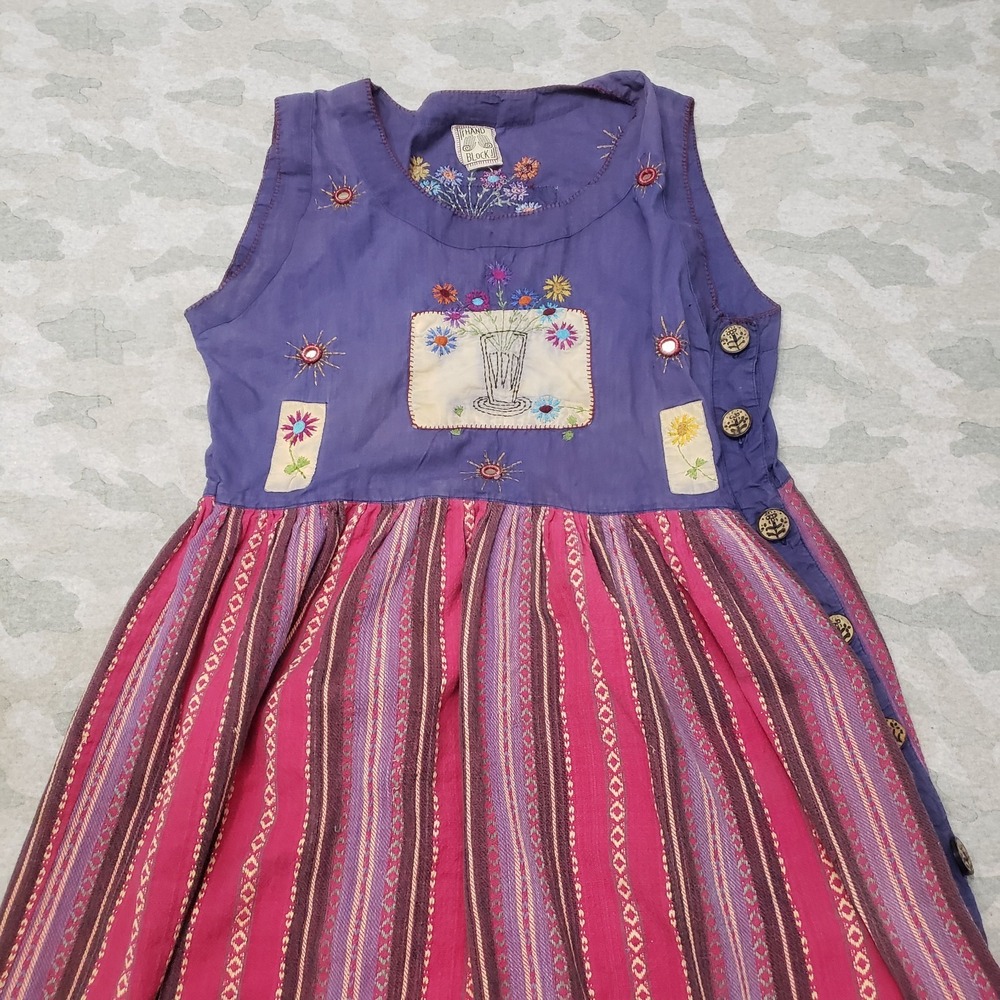 Hand Block Dress Womens Small Multicolor Cottage Core Button Sleeveless - Picture 2 of 10